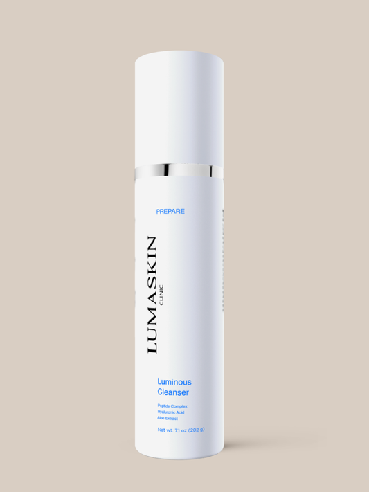 Lumaskin Luminous Cleanser bottle on a beige background