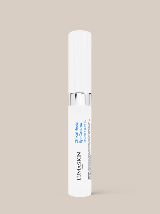 Lumaskin eye complex bottle on a beige background