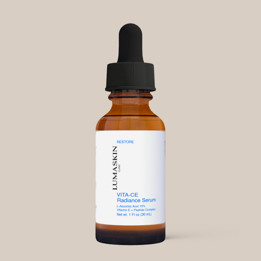 LUNASKIN VITA-CE Radiance Serum bottle with dropper on a beige background