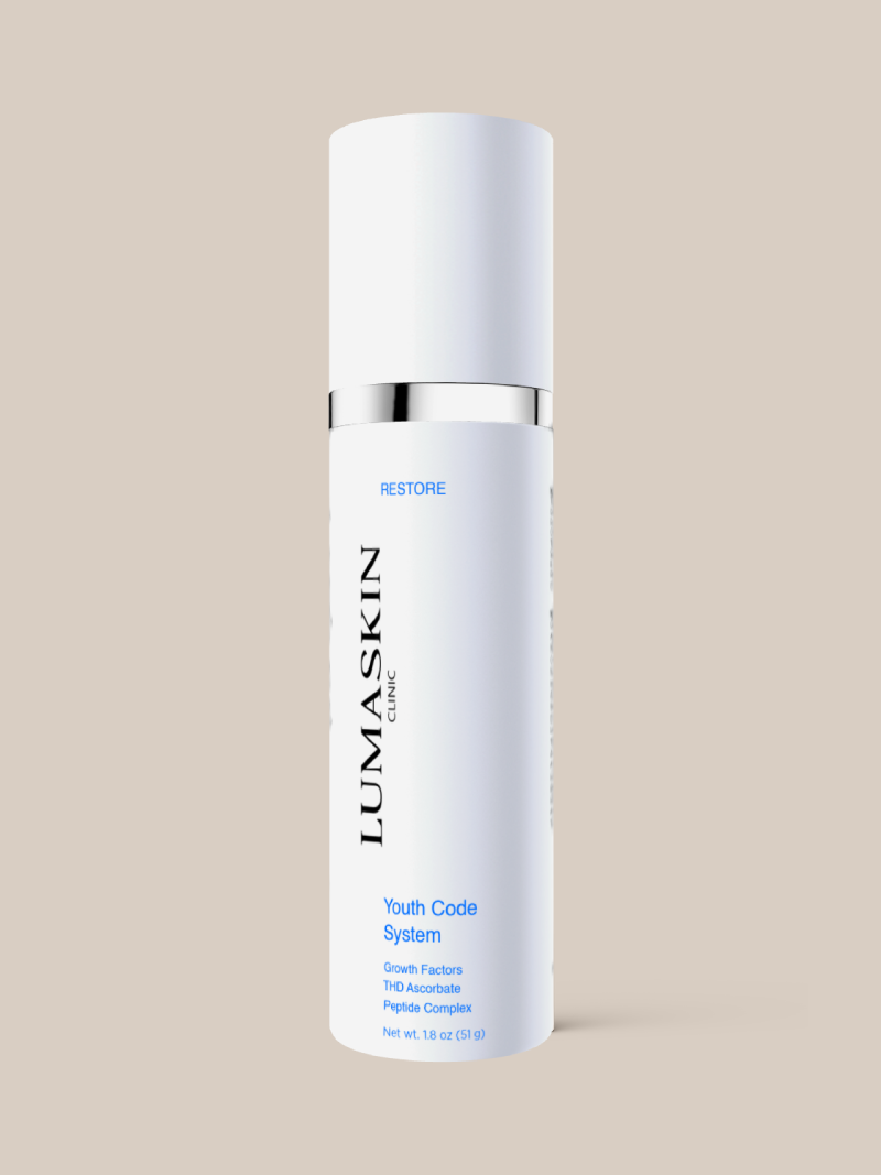 Lumaskin skincare bottle on a beige background