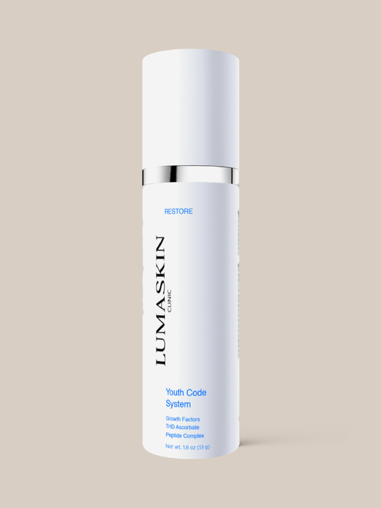 Lumaskin skincare bottle on a beige background