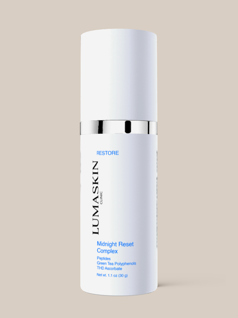 Lumaskin skincare bottle on a beige background
